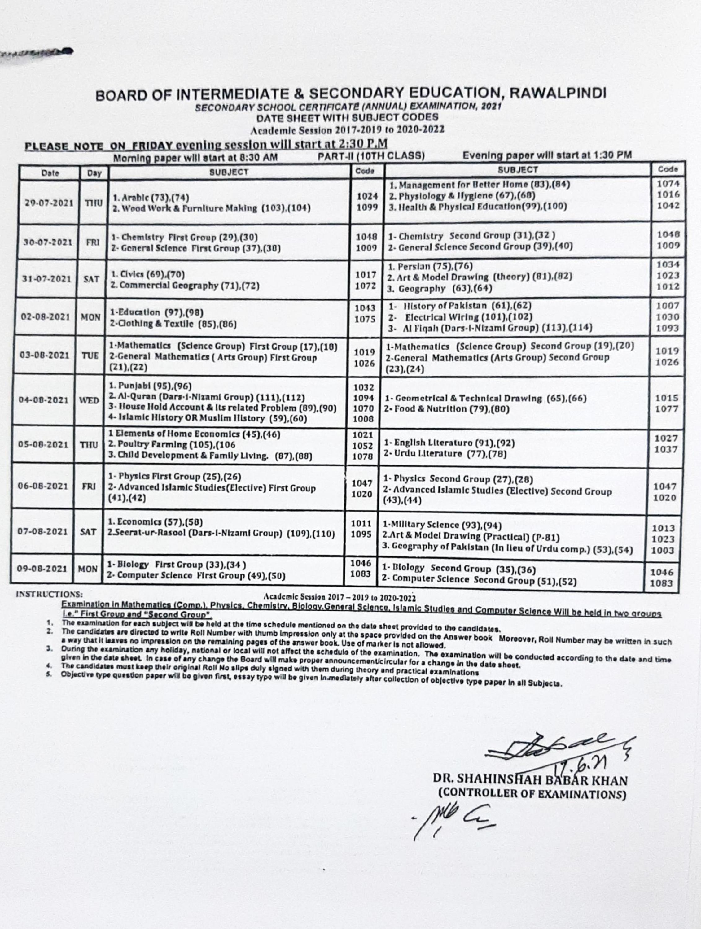 Bise Rawalpindi Matric 10th Class Date Sheet 2021 Ssc Date Sheet 2021